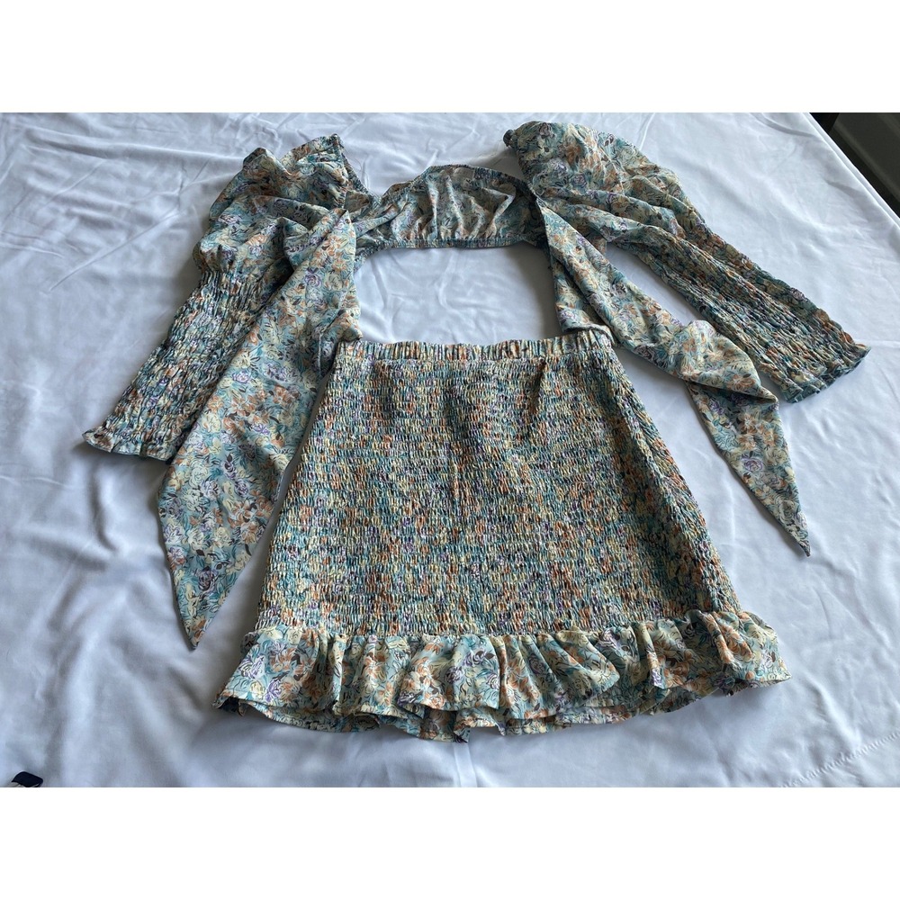 Blush BJ Women Floral Smocked Cottagecore Skirt Set Size S Blue Orange S3715-1